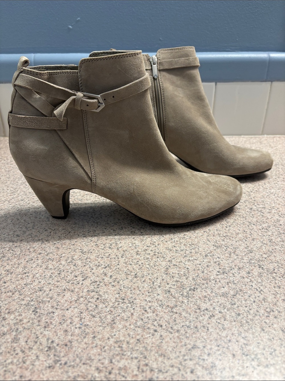Sam Edelman Taupe Suede Ankle Booties with Wrap Strap and Buckle